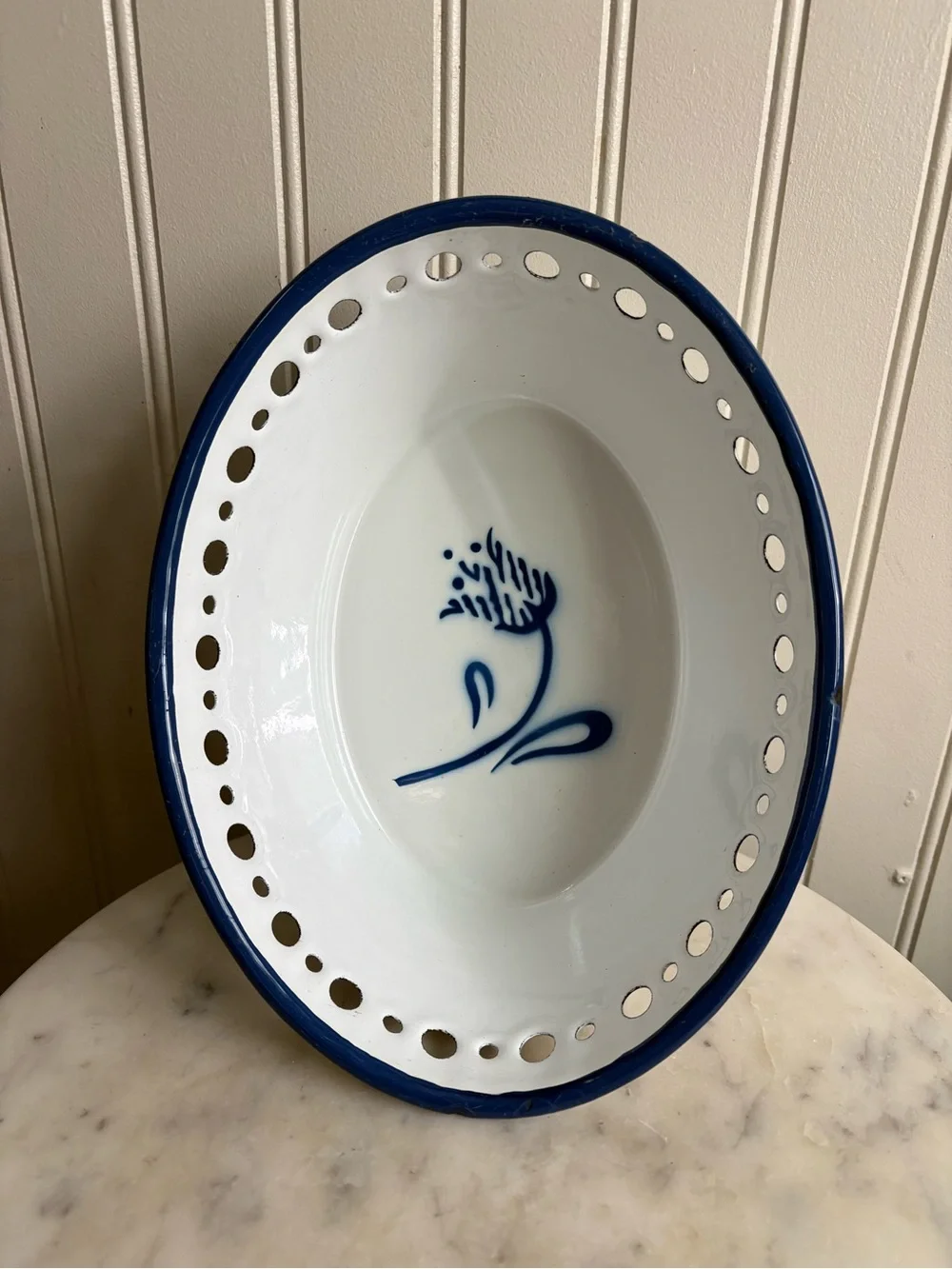 Vintage IKEA Enamel Arv Idyell Perforated Oval Bowl White & Blue Floral VTG 90s